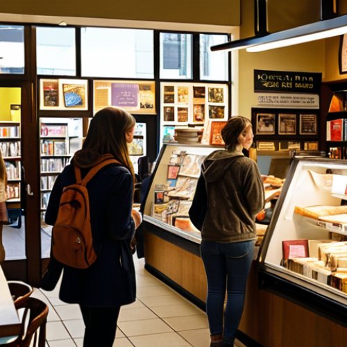 Home 4 **
Busy bookstore interior with a sandwich shop visible through the doorway. Students are browsing books while others are eating sandwiches and chatting. A promotional poster advertising a joint bookstore-sandwich shop deal is prominently displayed. Warm, inviting lighting.
**