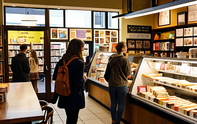 **
Busy bookstore interior with a sandwich shop visible through the doorway. Students are browsing books while others are eating sandwiches and chatting. A promotional poster advertising a joint bookstore-sandwich shop deal is prominently displayed. Warm, inviting lighting.
**