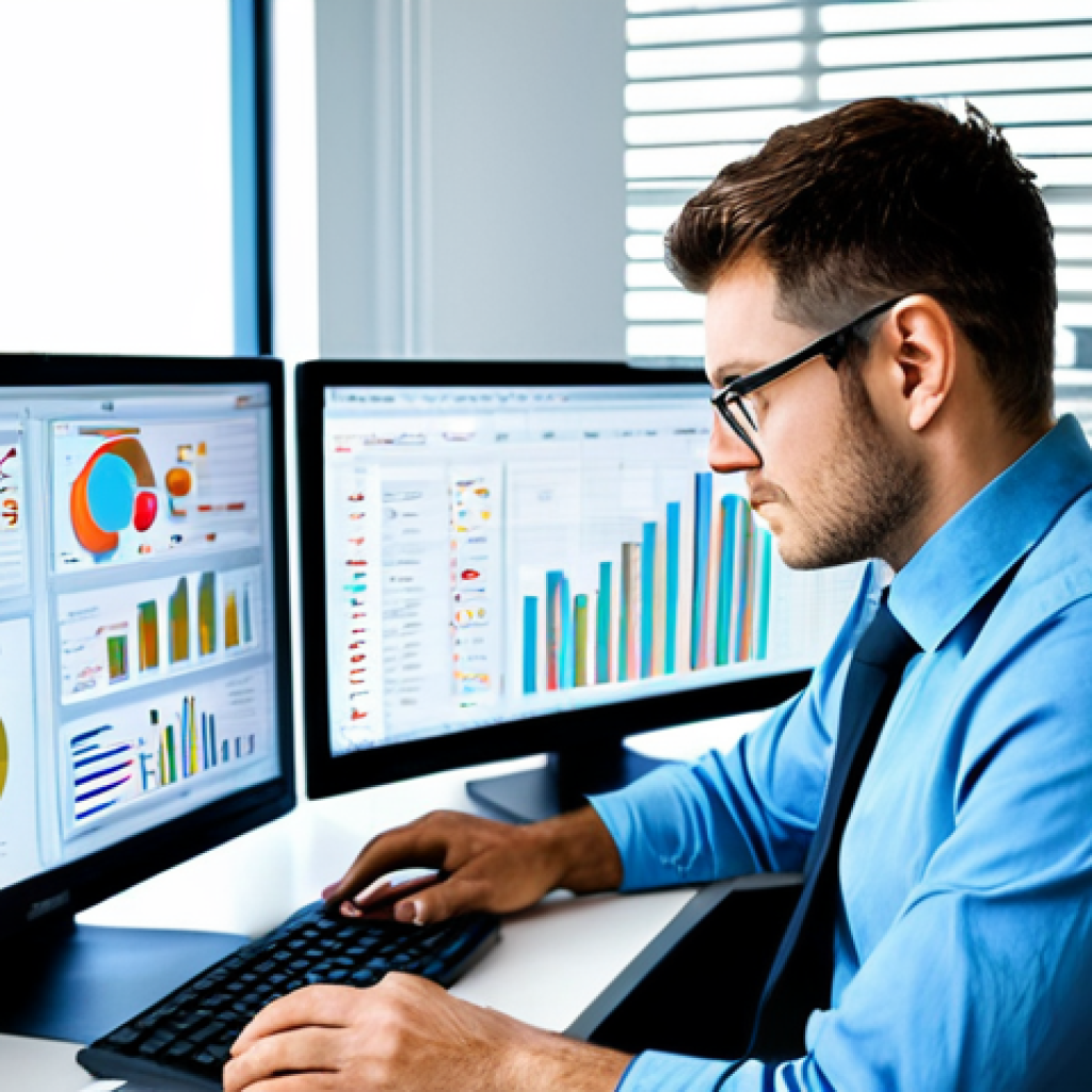 데이터 기반 마케팅 성과 향상을 위한 팁 - **Prompt:** "A data analyst in a modern, brightly lit office, working at a computer with charts and ...