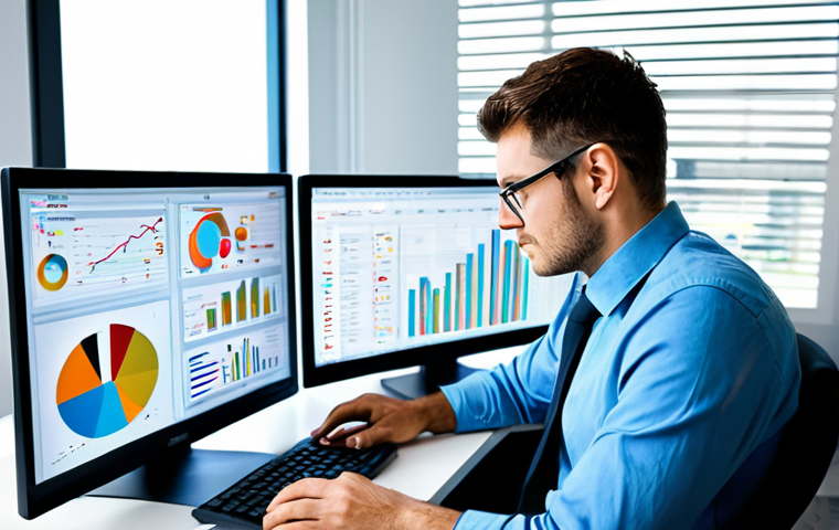 데이터 기반 마케팅 성과 향상을 위한 팁 - **Prompt:** "A data analyst in a modern, brightly lit office, working at a computer with charts and ...