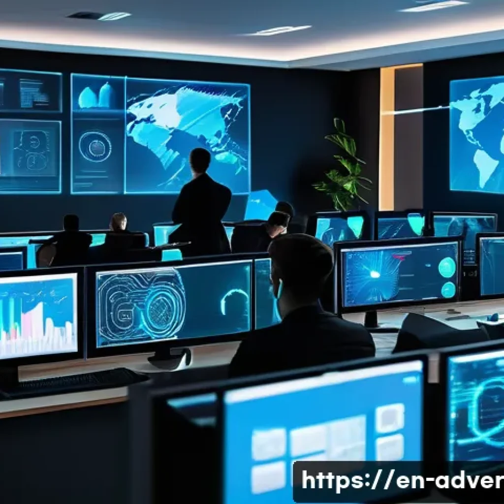 고객 데이터 보안 및 프라이버시 보호 방안 - A modern office environment showing a diverse team of cybersecurity professionals actively monitorin...