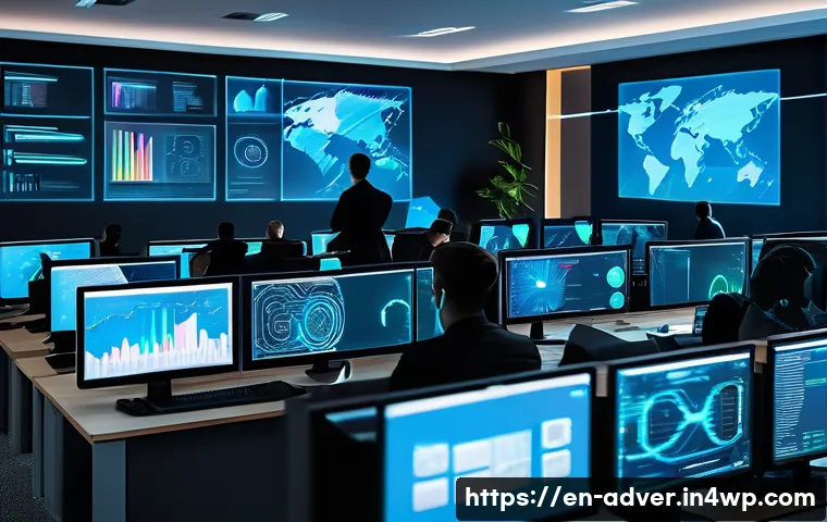 고객 데이터 보안 및 프라이버시 보호 방안 - A modern office environment showing a diverse team of cybersecurity professionals actively monitorin...