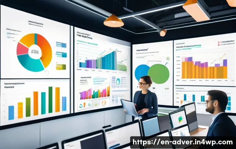 소비자 설문조사를 통한 데이터 분석 방법 - A modern office scene showing a diverse team of marketing analysts gathered around a large digital s...