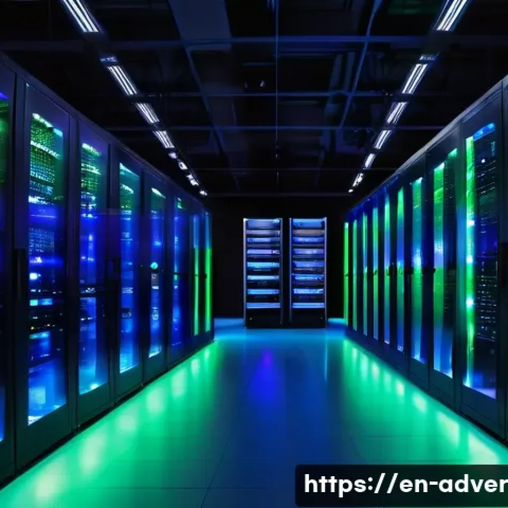 고객 데이터 관리 최적화 방법 - A modern, high-tech data center room featuring rows of sleek server racks with glowing blue and gree...