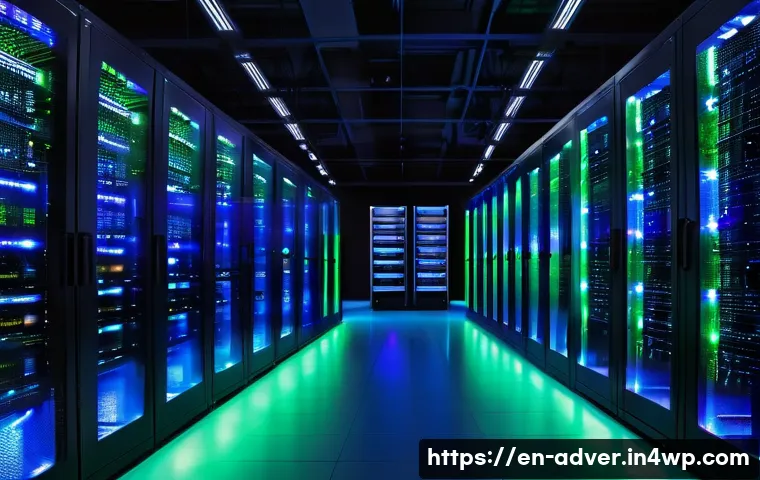 고객 데이터 관리 최적화 방법 - A modern, high-tech data center room featuring rows of sleek server racks with glowing blue and gree...