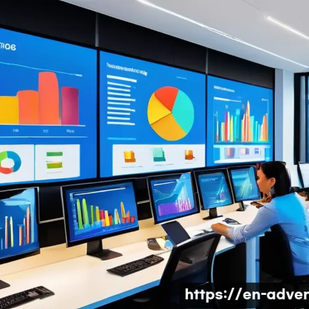 온라인 광고 데이터 분석 방법 - A modern digital marketing control room with multiple large interactive screens showing colorful lin...