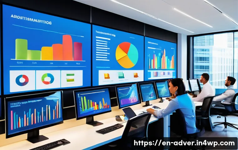 온라인 광고 데이터 분석 방법 - A modern digital marketing control room with multiple large interactive screens showing colorful lin...
