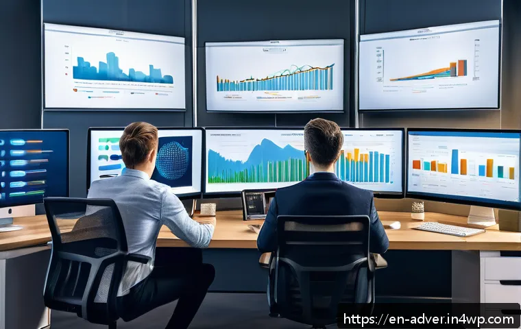 소셜 미디어 데이터 분석 활용법 - A modern digital marketing office scene showing a diverse team of young professionals analyzing soci...