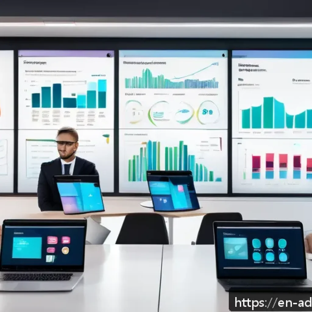 데이터 기반 콘텐츠 마케팅 전략 - A modern digital marketing workspace showing a large transparent screen displaying complex behaviora...