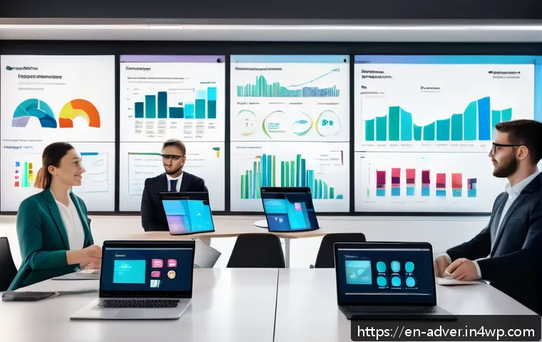 데이터 기반 콘텐츠 마케팅 전략 - A modern digital marketing workspace showing a large transparent screen displaying complex behaviora...