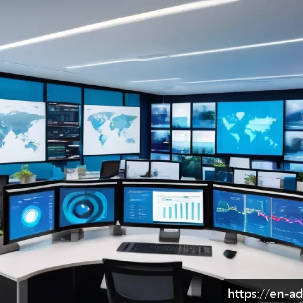 마케팅 퍼널에서의 데이터 활용 전략 - A modern digital marketing control room with multiple large screens displaying real-time analytics d...