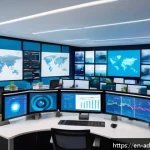 마케팅 퍼널에서의 데이터 활용 전략 - A modern digital marketing control room with multiple large screens displaying real-time analytics d...