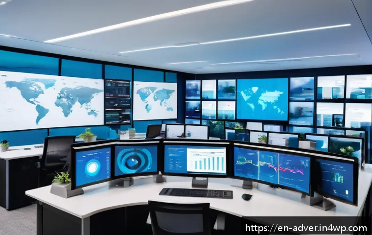 마케팅 퍼널에서의 데이터 활용 전략 - A modern digital marketing control room with multiple large screens displaying real-time analytics d...