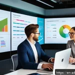 ROI 극대화를 위한 데이터 기반 의사결정 프로세스 - A modern corporate office scene featuring a diverse team of professionals gathered around a large di...