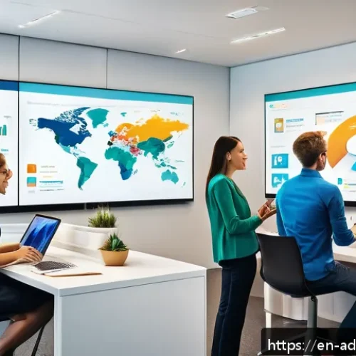 고객 여정 맵을 활용한 데이터 기반 접근법 - A modern office scene showing a diverse marketing team gathered around a large digital screen displa...