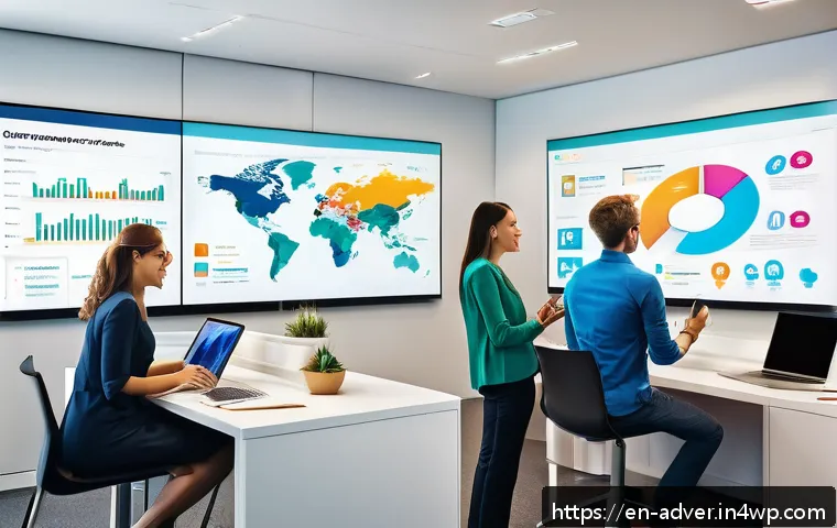 고객 여정 맵을 활용한 데이터 기반 접근법 - A modern office scene showing a diverse marketing team gathered around a large digital screen displa...